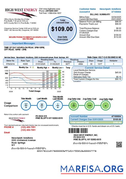 Printable USA Wyoming High West Energy business utility bill in Word and PDF formats, version 2 download for verification